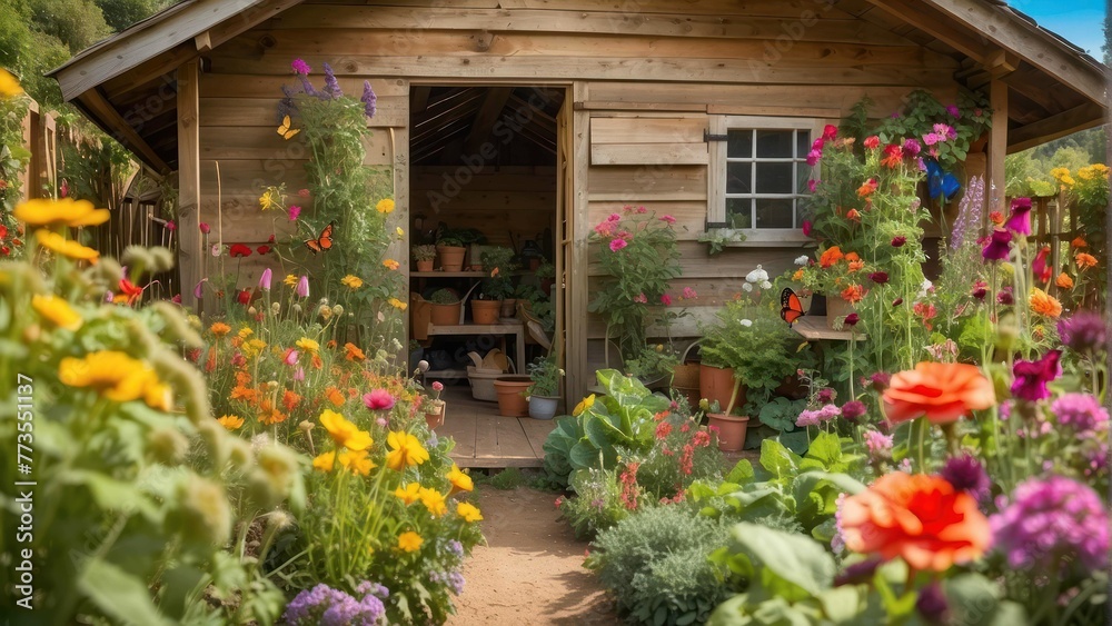 Rustic garden shed surrounded by vibrant flowers