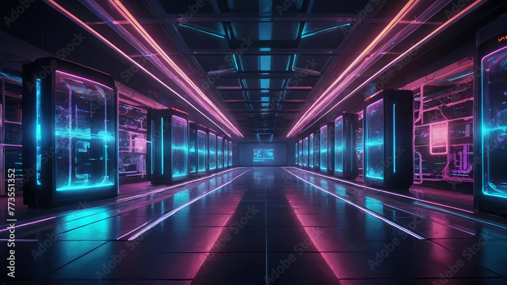 Futuristic Concept: Data Center Chief Technology Officer Holding Laptop, Standing In Warehouse, Information Digitalization Lines Streaming Through Servers. SAAS, Cloud Computing, Web Service Futuristic Concept: Data Center Chief Technology Officer Holding Laptop, Standing In Warehouse, Information Digitalization Lines Streaming Through Servers. SAAS, Cloud Computing, Web Service