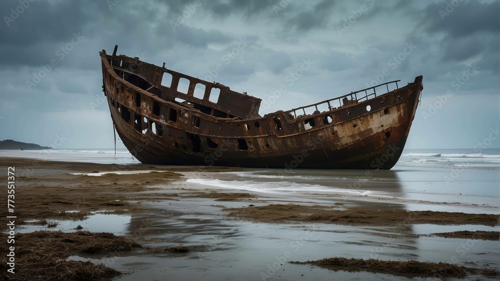 Rusty shipwreck on a sandy beach at dusk