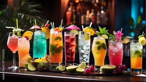 A selection of elegant and sophisticated tropical beverages on a bar table, and a fresh and colorful assortment of exotic alcohol cocktails on a nightclub counter © Ashan