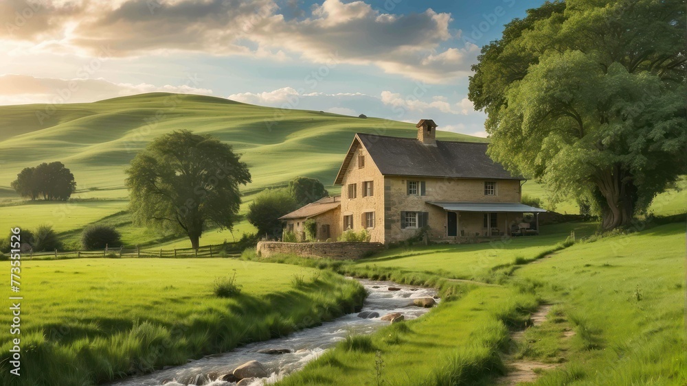 A serene countryside view with a rustic house beside a flowing stream