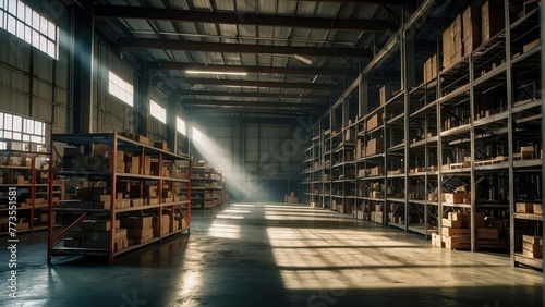 Warehouse interior with sunlight streaming in