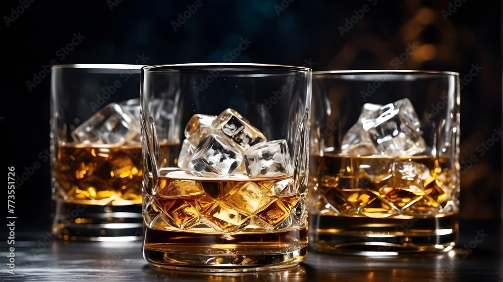 Delicious whiskey in glasses with ice on a mirror table against a dark background, close-up