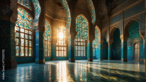 Sunlight streaming through ornate windows