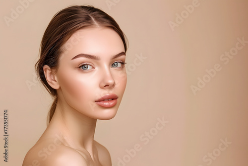 beautiful girl on a beige background, Beautiful skin and healthy hair of a woman, natural makeup