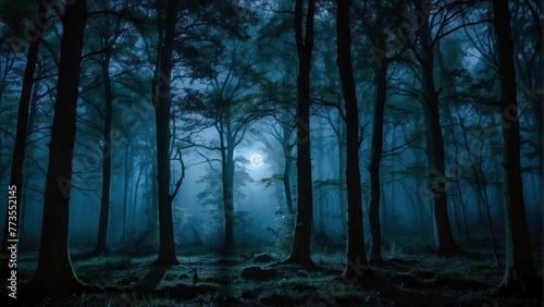 Captivating night scene in a mystical forest with tall trees