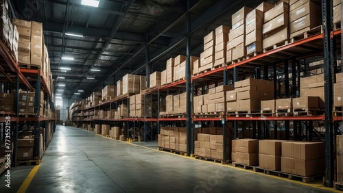 An expansive warehouse showcasing neat rows of packaged goods