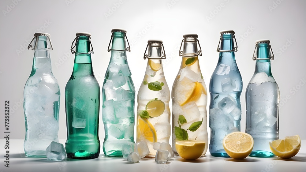 Isolated white background with a collection of new, cold beverage bottles made of ice. Cooling water, beer, lemonade, and soda assortment for refreshing drinks