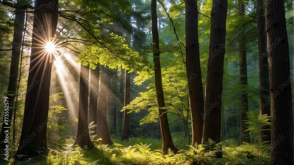 Majestic sunbeams break through the tall forest trees