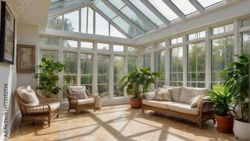 Bright conservatory filled with lush green plants