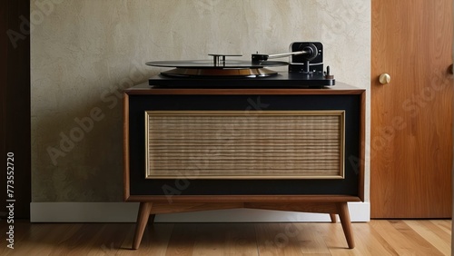 Retro vinyl record player on a wood stand photo