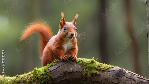 On a tree, a gorgeous red squirrel. A squirrel looking for nuts