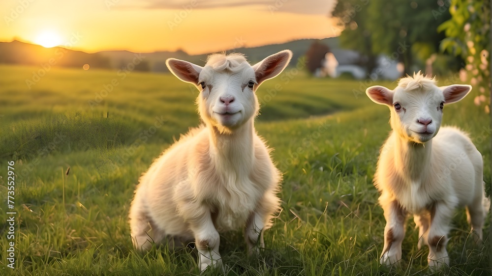 Sun, rural, domestic, adorable animals, grass, sunset, baby goats, and summer farming Sun, rural, domestic, adorable animals, grass, sunset, baby goats, and summer farming