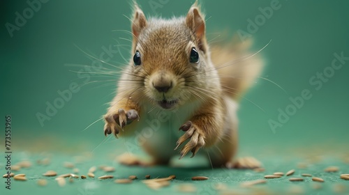 playful antics of baby squirrels climbing on a vibrant green background, their bushy tails and curious stares immortalized in cinematic 8k high resolution