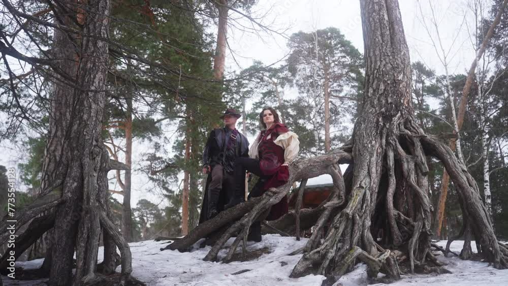 A couple sits on a branch in a snowy tree, freezing A couple sits on a branch in a snowy tree, freezing