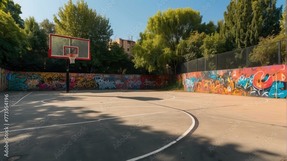 Naklejka premium Urban basketball court with vibrant graffiti