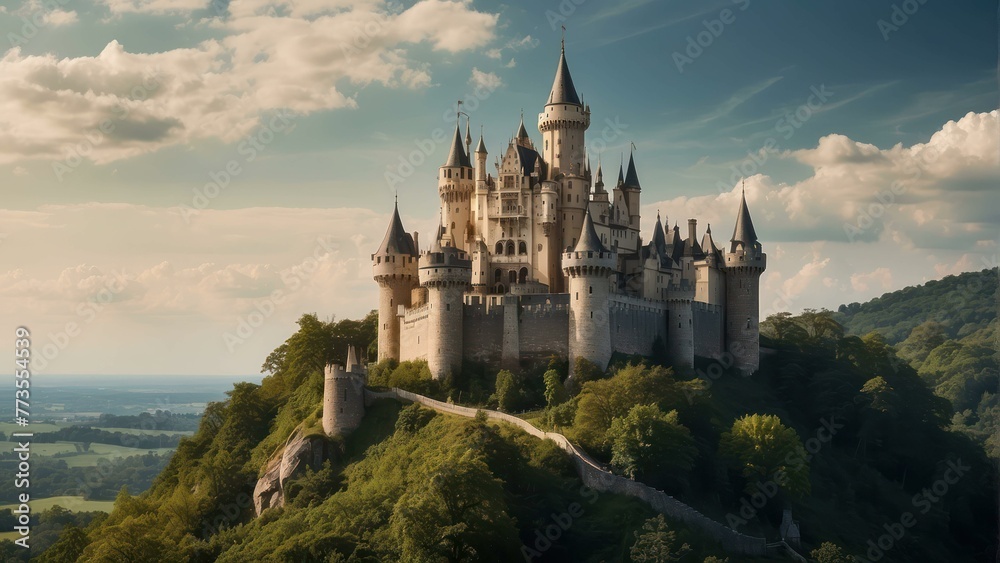 Majestic fairytale castle on a hill