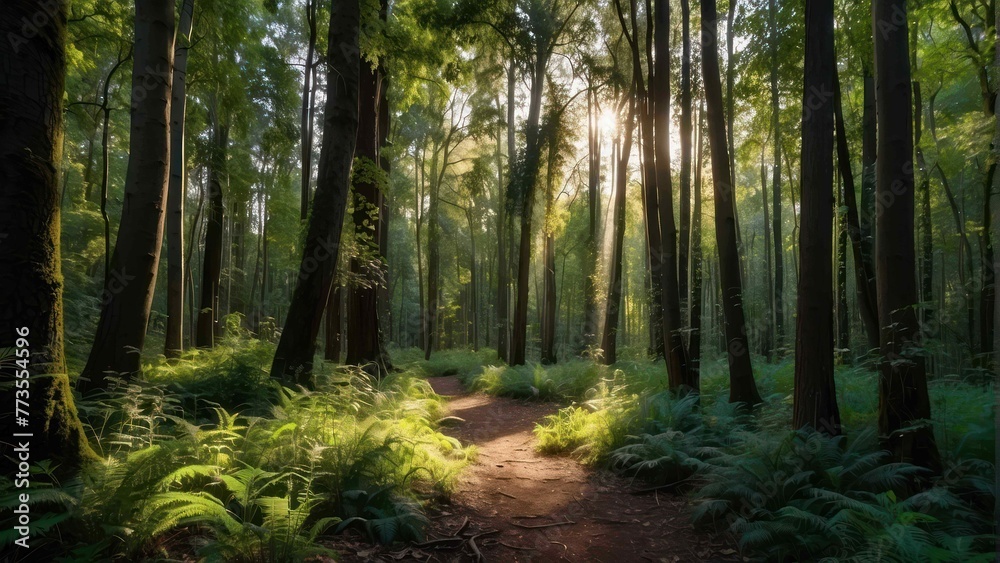 Sunlit forest path with lush greenery