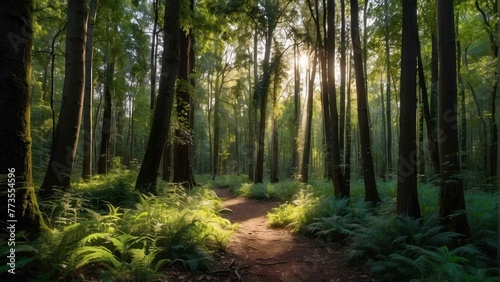 Sunlit forest path with lush greenery