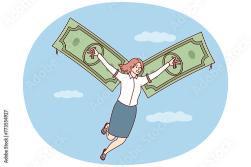 Happy woman flies in sky among clouds using banknotes instead of wings. Concept of financial freedom and independence obtained through receipt of their own income