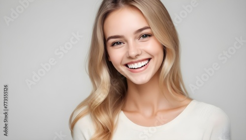 Portrait of a young beautiful cheerful charming woman white white teeth, smiling on a clean background 