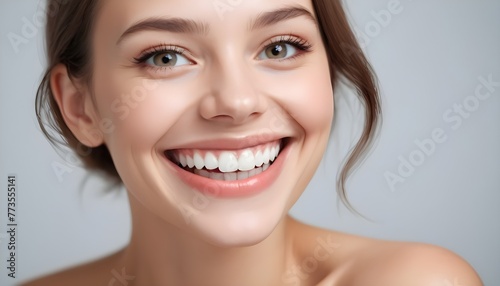 Portrait of a young beautiful cheerful charming woman white white teeth  smiling on a clean background 