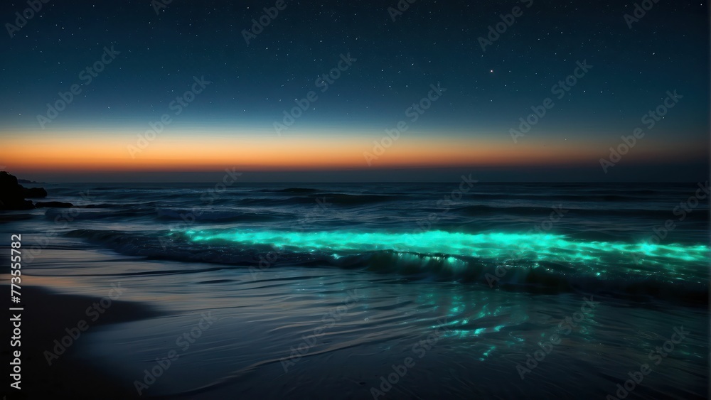 Bioluminescent waves crashing on a shoreline