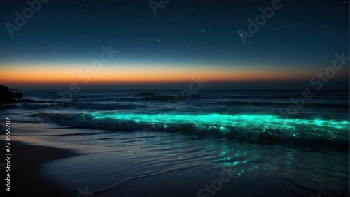 Bioluminescent waves crashing on a shoreline © sitifatimah