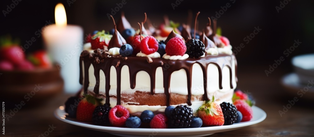 Delicious chocolate dessert topped with fresh berries and rich chocolate icing displayed on a white plate
