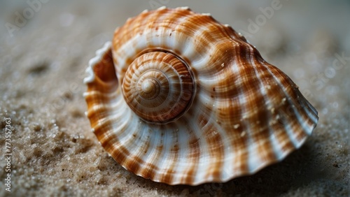 Seashell on sandy beach in close up view