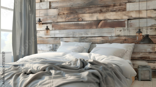 A monochromatic bedroom featuring a headboard made of stacked floortoceiling wooden pallets creating a contemporary and ecofriendly . . © Justlight