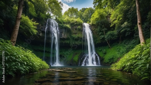 Tranquil waterfall in lush green forest