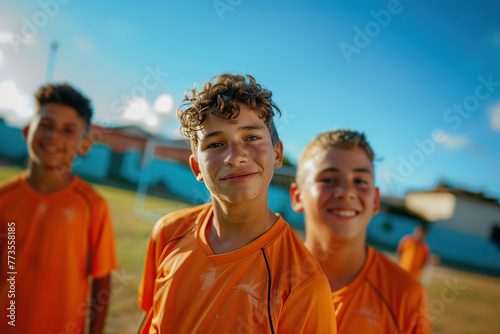 Latin kids outdoors at football field wearing jersey t-shirt on a sunny day. Generative AI. © Lux Images
