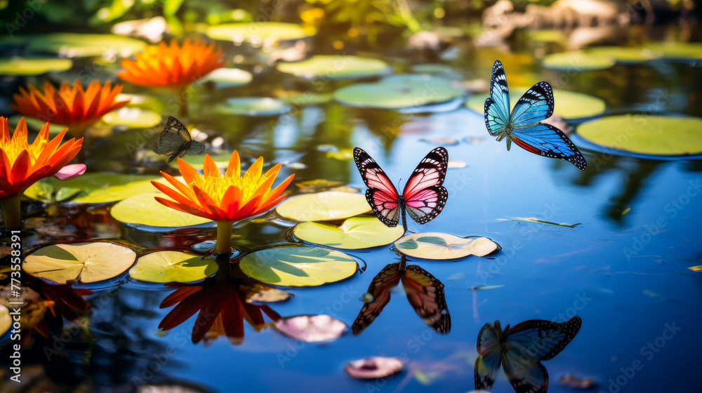 butterflies and water lilies on a lovely pond in a forest