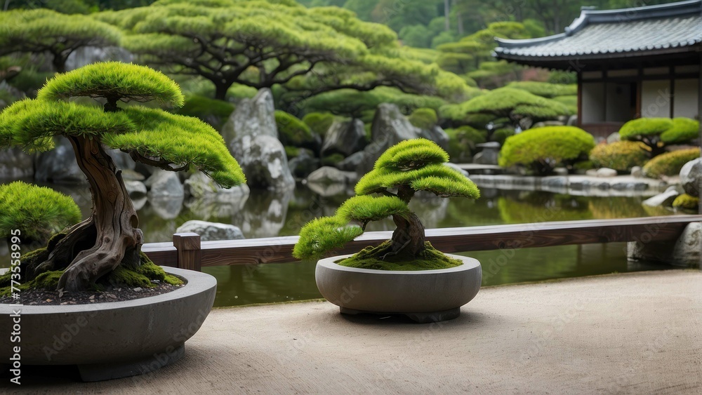 Bonsai trees in traditional Japanese garden