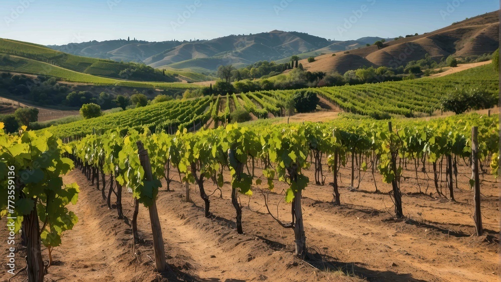 Lush vineyard rows in rolling hills