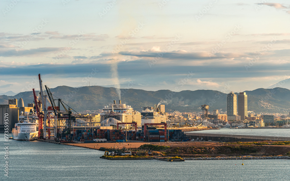 Cruise Ships Terminal and Barcelona at sunrise, Catalonia, Spain, Europe