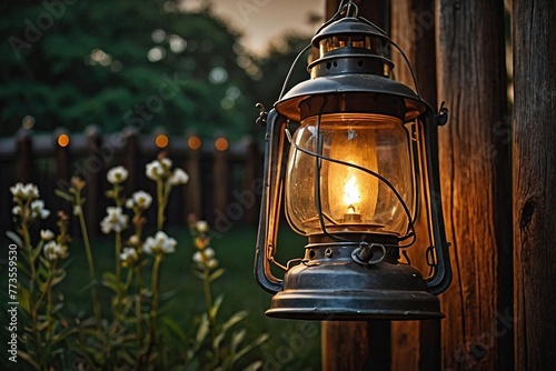 a lantern hanging from a wooden pole with a light on with background vintage colors defocused Blur