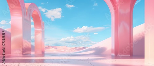 3d render Surreal pastel landscape background with geometric shapes, abstract fantastic desert dune in seasoning landscape with arches, panoramic, futuristic scene with copy space, blue sky and cloudy
