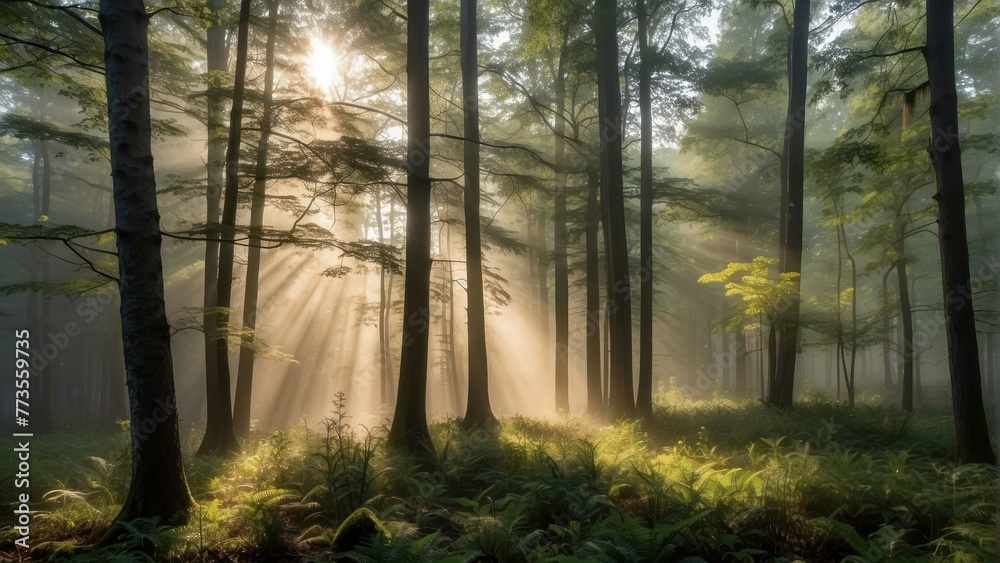 Sun rays piercing through foggy forest trees