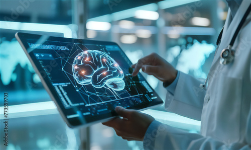 Doctor showing digital brain model photo