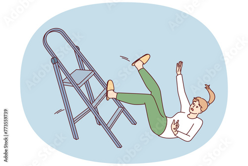 Clumsy woman falls off stepladder during repairs and risks injury and hospitalization with fracture. Concept violation of safety rules when using stairs leading to accident