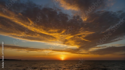 Golden sunset over calm ocean horizon