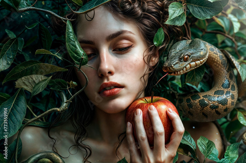Exploring the Biblical Narrative: Eve, the Red Apple, and the Serpent in the Garden of Eden - A Tale of Temptation and Forbidden Knowledge. © Mr. Bolota