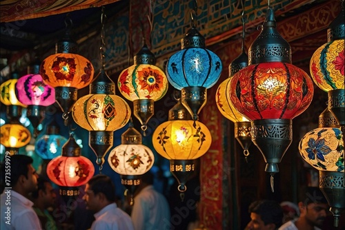 a close up of a bunch of colorful lanterns hanging from a ceiling
