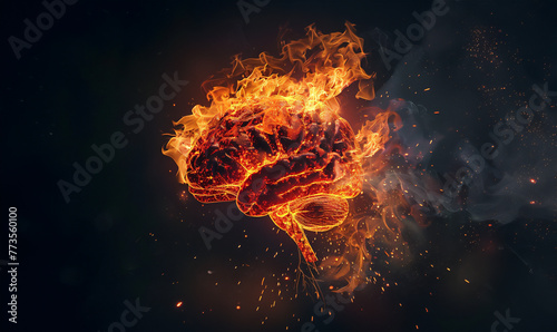 Side view of Brain on fire, exploding brain