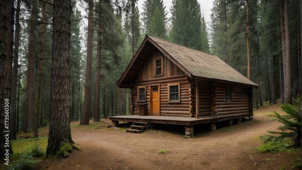 Secluded log cabin in a dense forest Secluded log cabin in a dense forest