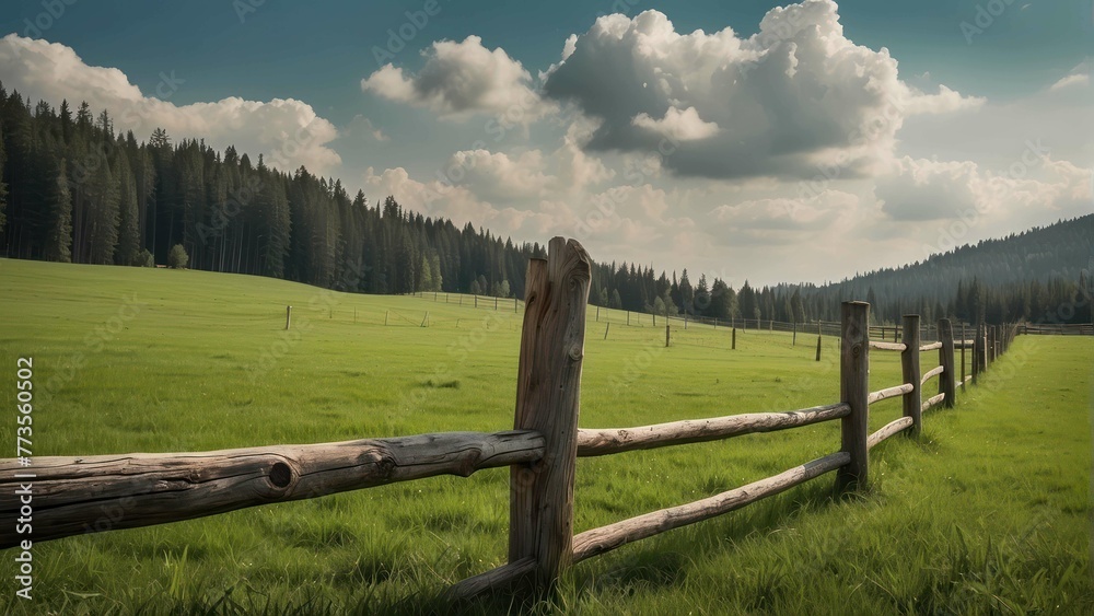 Lush meadow with wooden fence under sky