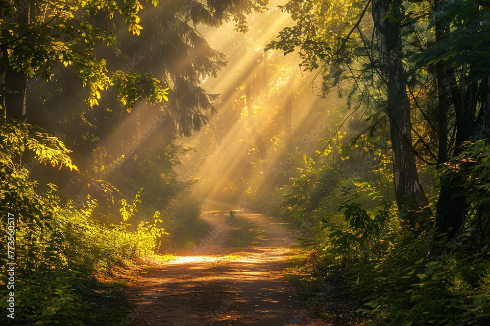 Nature pathway in the forest with sunlight.