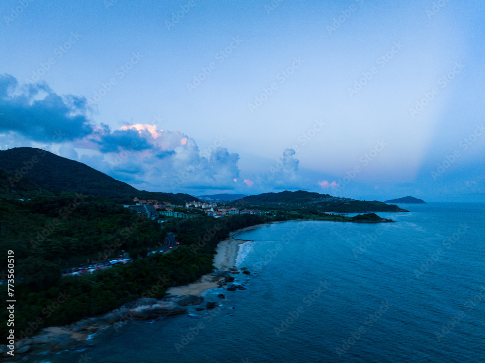 Aerial photography of Jiajing Island, Shimei Bay, Wanning, Hainan, China, in summer evening